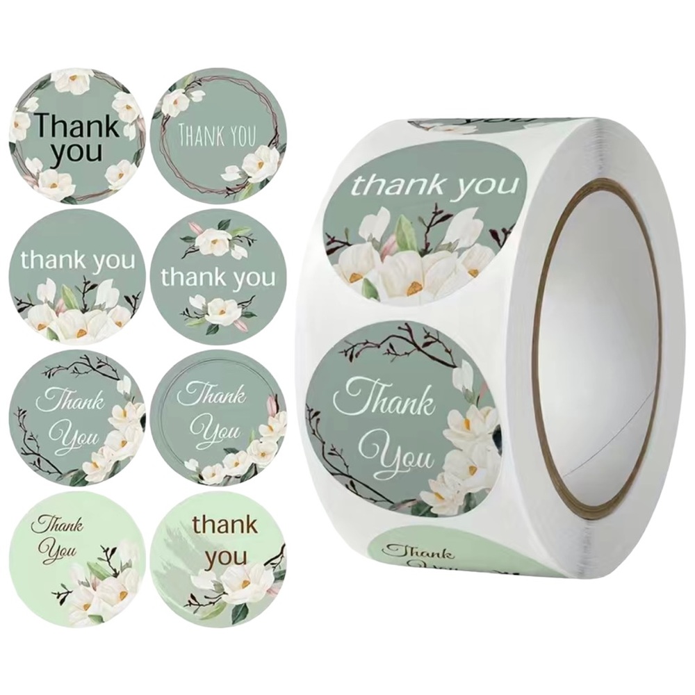 W2 Stickers 1" Thank You 500ct Green Floral 8 Designs Labels